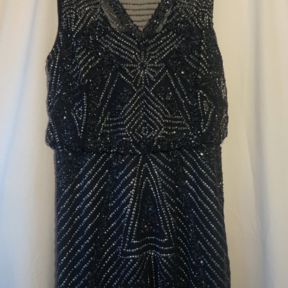Anthropologie AIDAN MATTOX Navy Sheer Silver Sequin Maxi Gown 6 - Picture 5 of 11